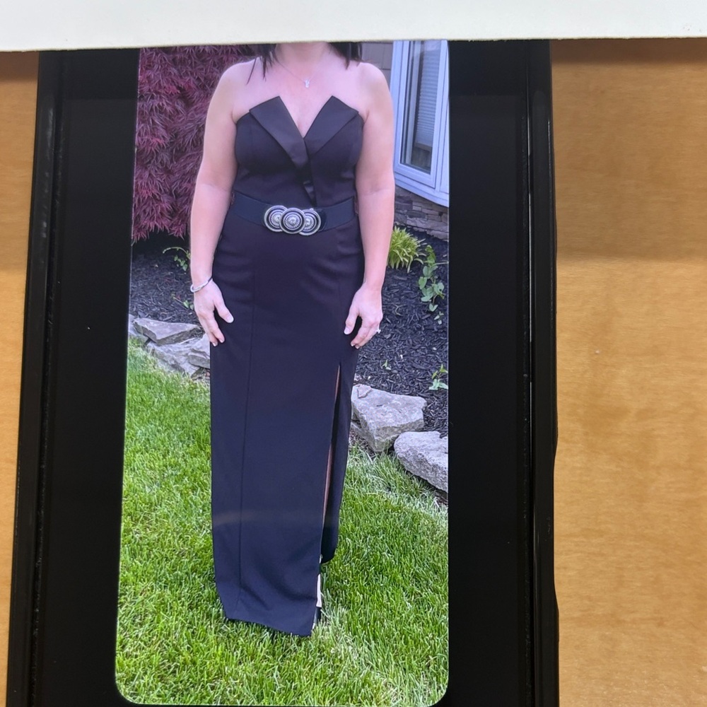 Strapless Black Evening Gown with Front Slit